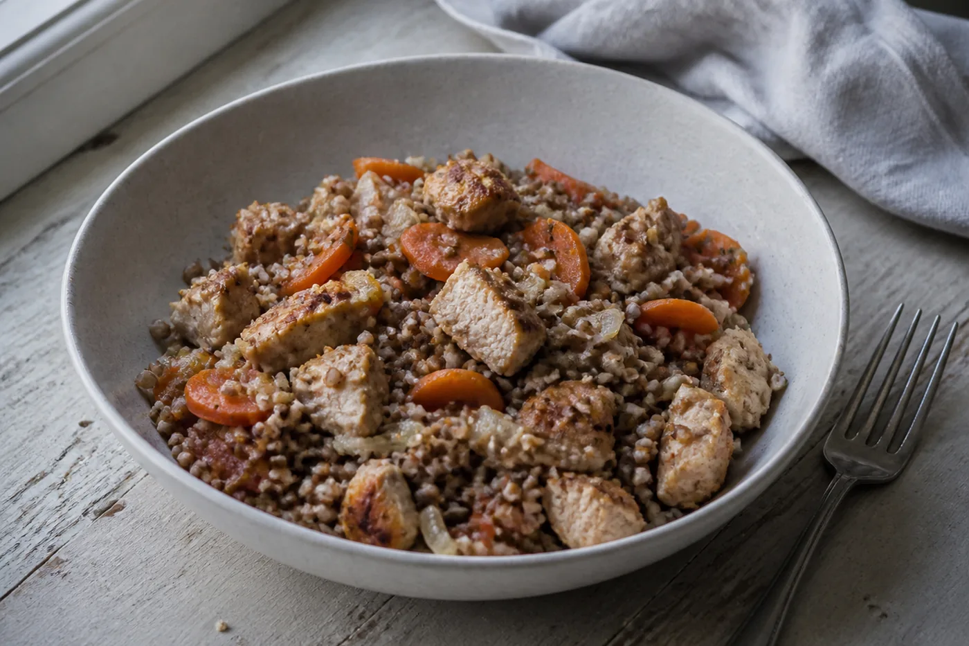 Гречка с курицей и овощами на сковороде